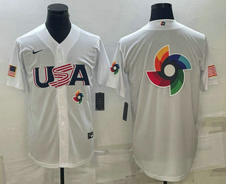 Men%27s USA Baseball 2023 White World Baseball Big Logo With Patch Classic Replica Stitched Jerseys